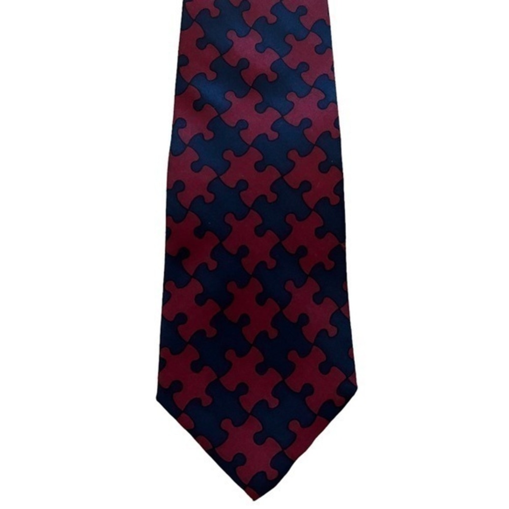 Josh Bach burgundy & blue puzzle pieces silk tie